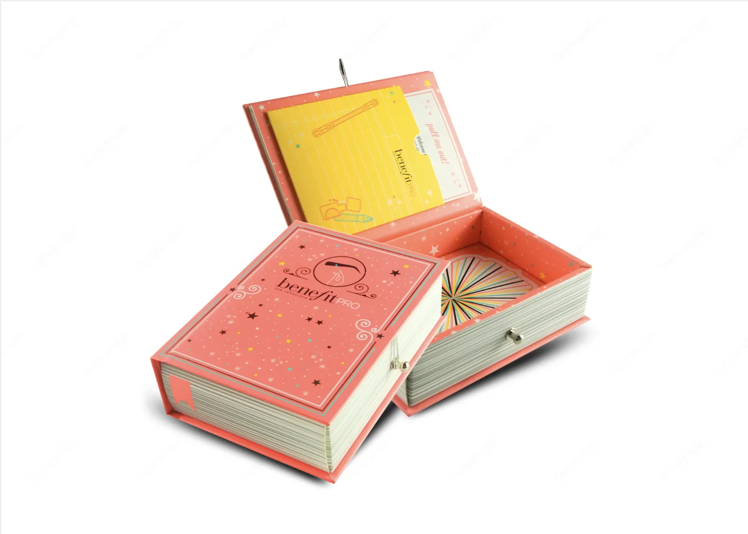 Hinged box with string closure
A pocket attached to the lid